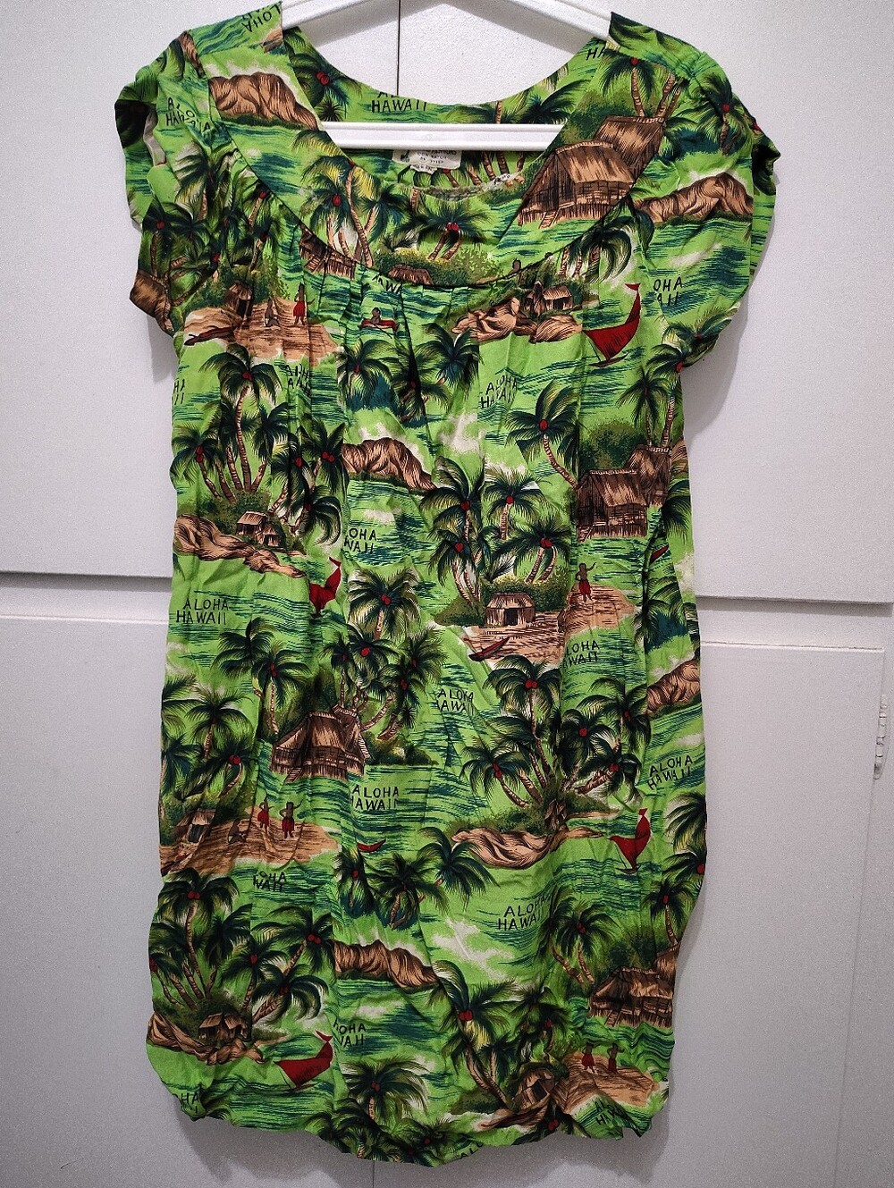 Vtg 60s Island Fashions Hawaii Rayon Beach Cover Dress Muumuu Green Scenic L